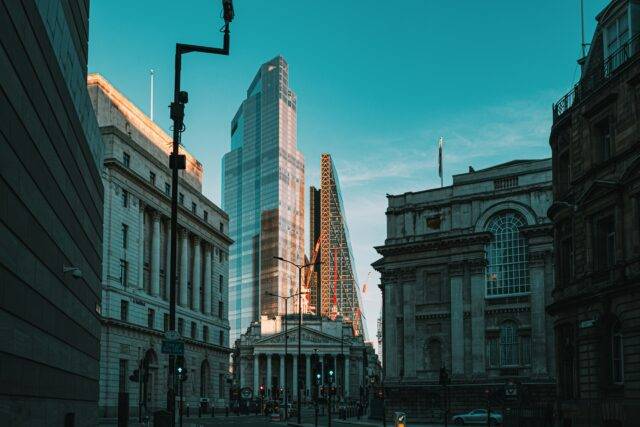 A city street with a mortgage bank building